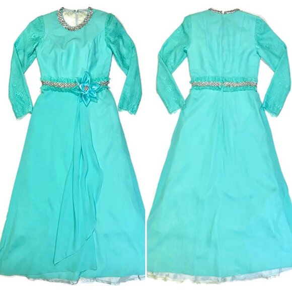 Vtg 60s 70s Holiday Formal Hostess Maxi Dress Gown Lace Rhinestone Chiffon M - Picture 1 of 6